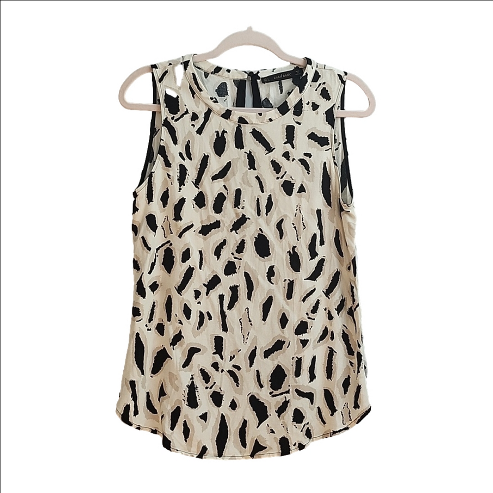 ZARA Beige black animal print round neck mesh sleeveless blouse